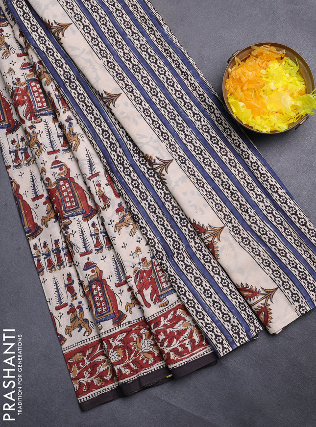 Jaipur cotton saree beige and maroon with allover kalamkari prints and printed border