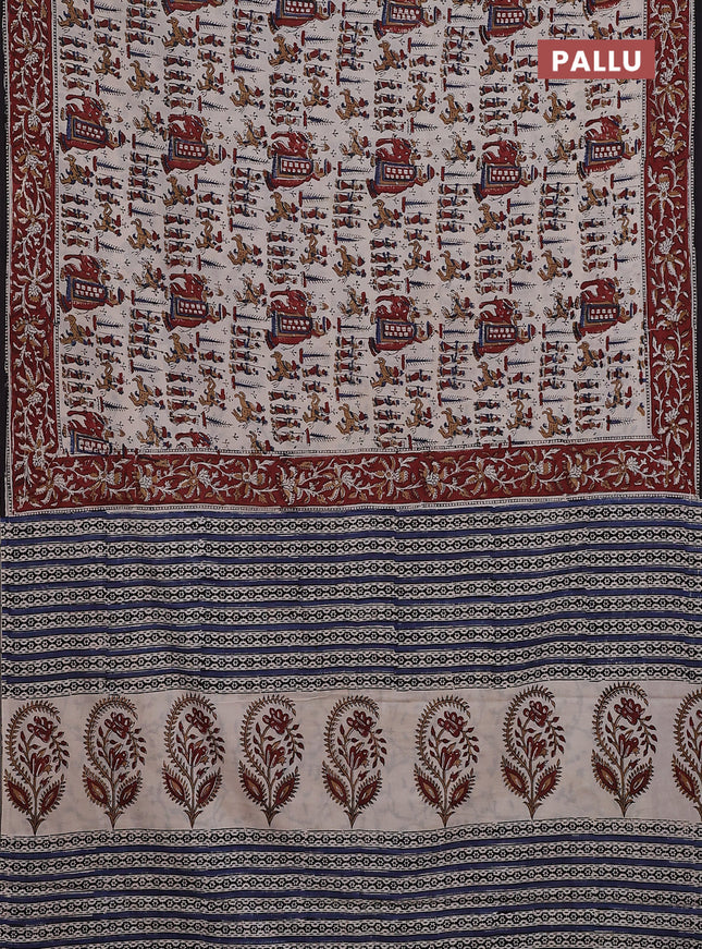 Jaipur cotton saree beige and maroon with allover kalamkari prints and printed border