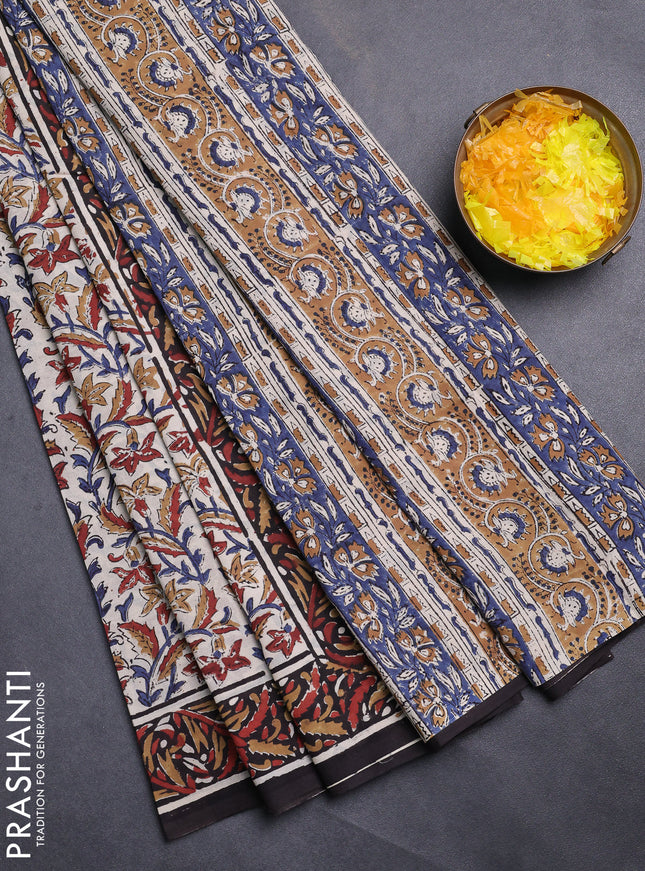 Jaipur cotton saree beige and black with allover kalamkari prints and printed border