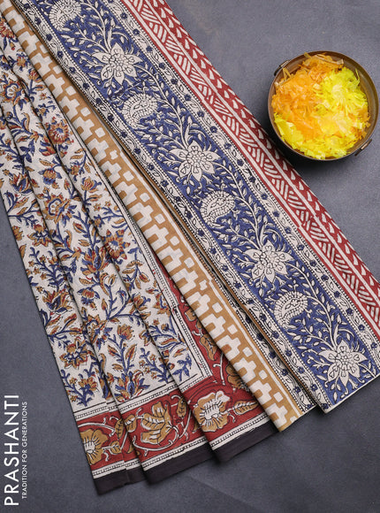 Jaipur cotton saree beige blue and maroon with allover kalamkari prints and printed border