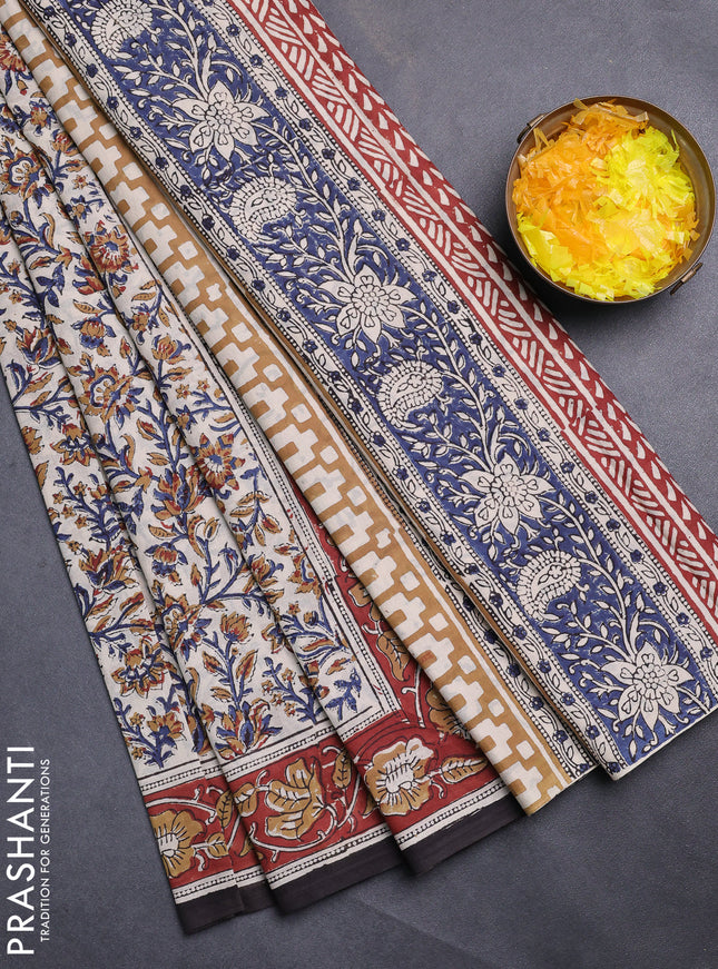 Jaipur cotton saree beige blue and maroon with allover kalamkari prints and printed border