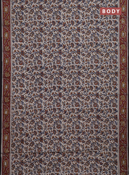 Jaipur cotton saree beige blue and maroon with allover kalamkari prints and printed border