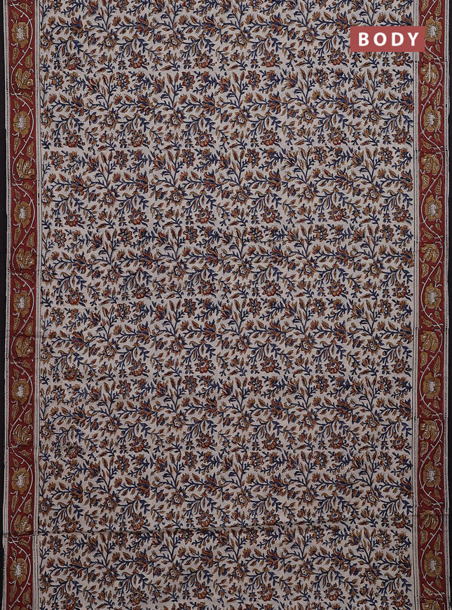 Jaipur cotton saree beige blue and maroon with allover kalamkari prints and printed border