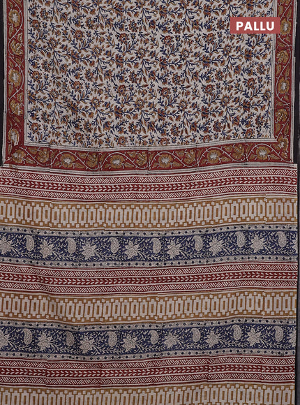 Jaipur cotton saree beige blue and maroon with allover kalamkari prints and printed border