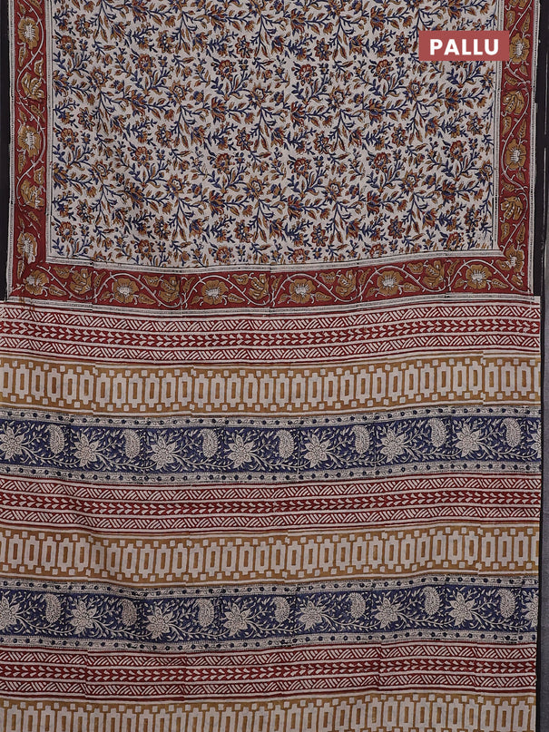 Jaipur cotton saree beige blue and maroon with allover kalamkari prints and printed border
