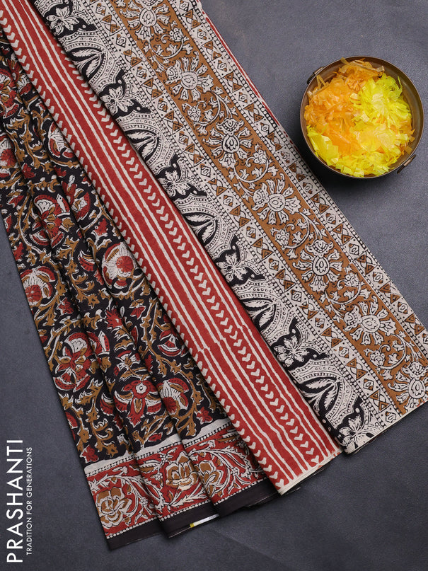Jaipur cotton saree black and marron with allover kalamkari prints and printed border