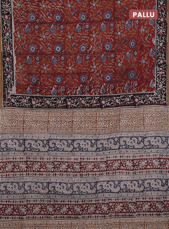 Jaipur cotton saree rustic maroon and black with allover kalamkari prints and printed border