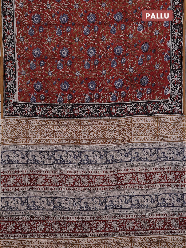 Jaipur cotton saree rustic maroon and black with allover kalamkari prints and printed border