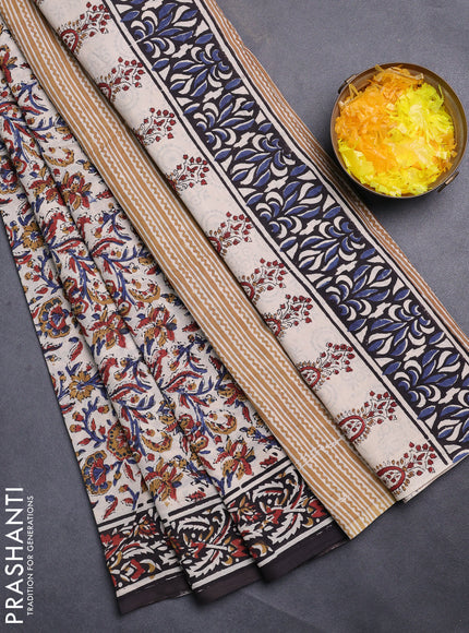 Jaipur cotton saree beige and black with allover kalamkari prints and printed border
