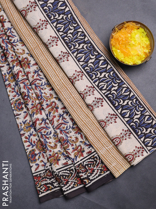 Jaipur cotton saree beige and black with allover kalamkari prints and printed border