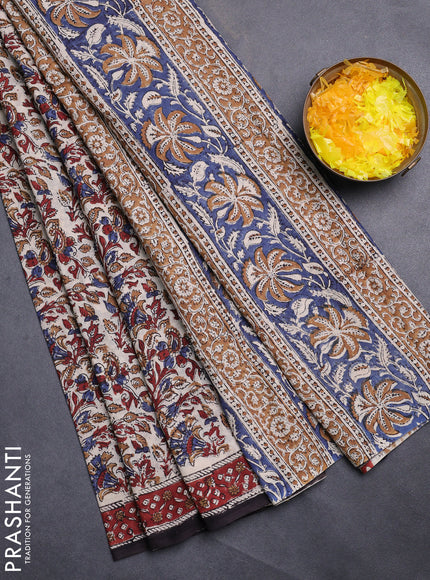 Jaipur cotton saree beige and maroon with allover kalamkari prints and printed border