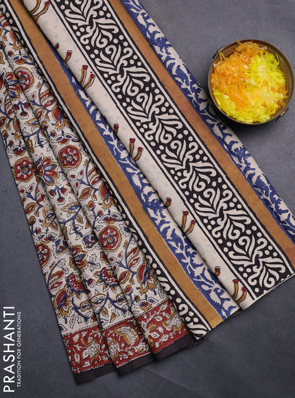 Jaipur cotton saree beige and maroon with allover kalamkari prints and printed border