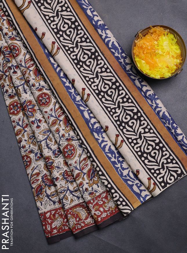 Jaipur cotton saree beige and maroon with allover kalamkari prints and printed border