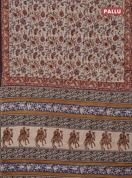 Jaipur cotton saree beige and maroon with allover kalamkari prints and printed border