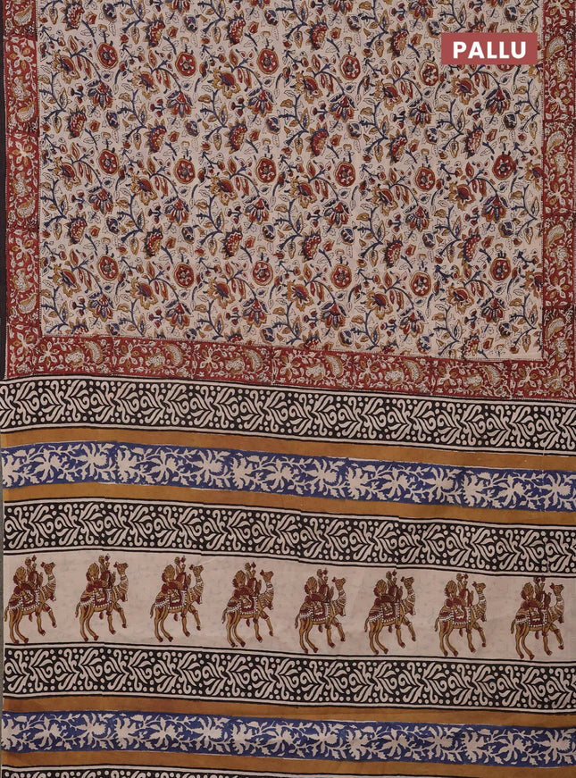 Jaipur cotton saree beige and maroon with allover kalamkari prints and printed border