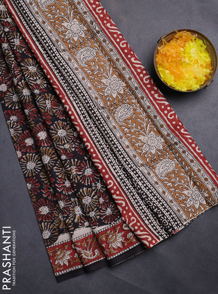 Jaipur cotton saree black and maroon with allover kalamkari prints and printed border
