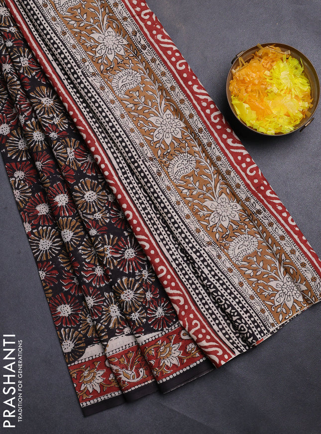 Jaipur cotton saree black and maroon with allover kalamkari prints and printed border