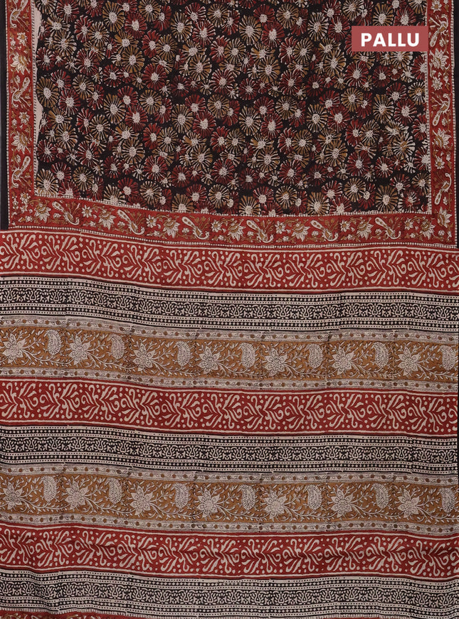 Jaipur cotton saree black and maroon with allover kalamkari prints and printed border