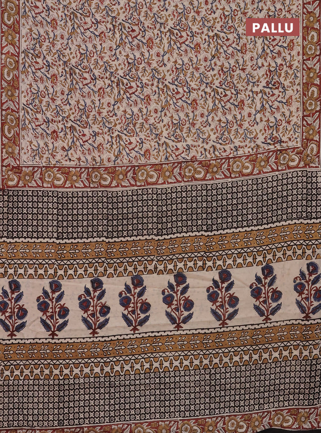 Jaipur cotton saree beige and maroon with allover kalamkari prints and printed border