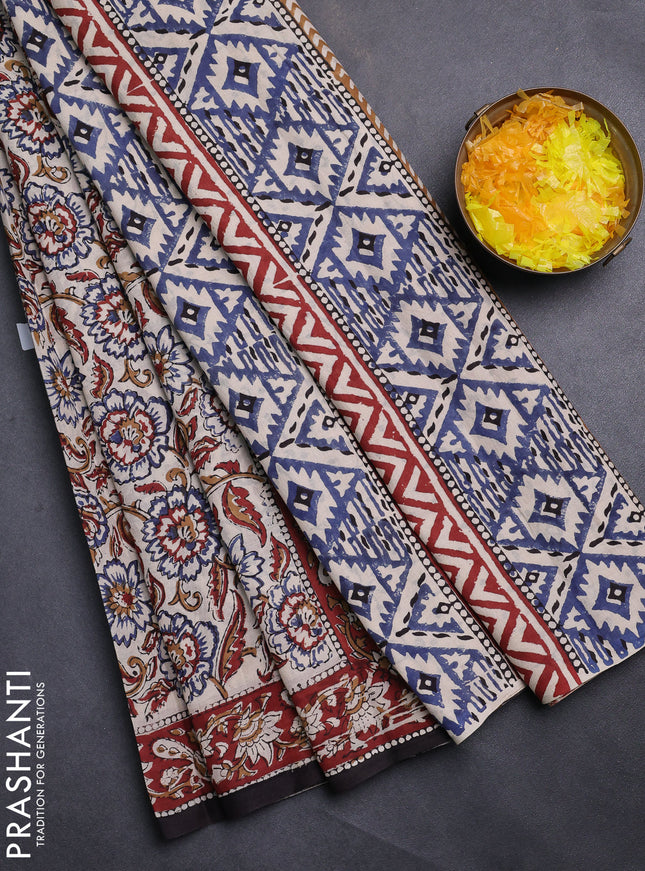 Jaipur cotton saree beige and maroon black with allover kalamkari prints and printed border