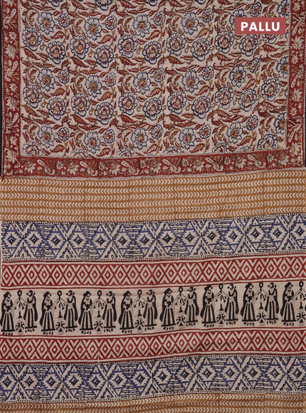 Jaipur cotton saree beige and maroon black with allover kalamkari prints and printed border