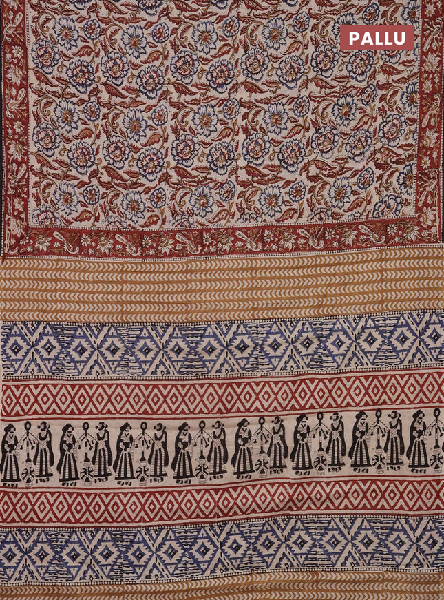 Jaipur cotton saree beige and maroon black with allover kalamkari prints and printed border