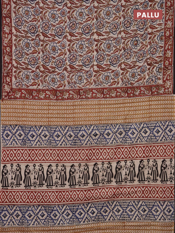 Jaipur cotton saree beige and maroon black with allover kalamkari prints and printed border