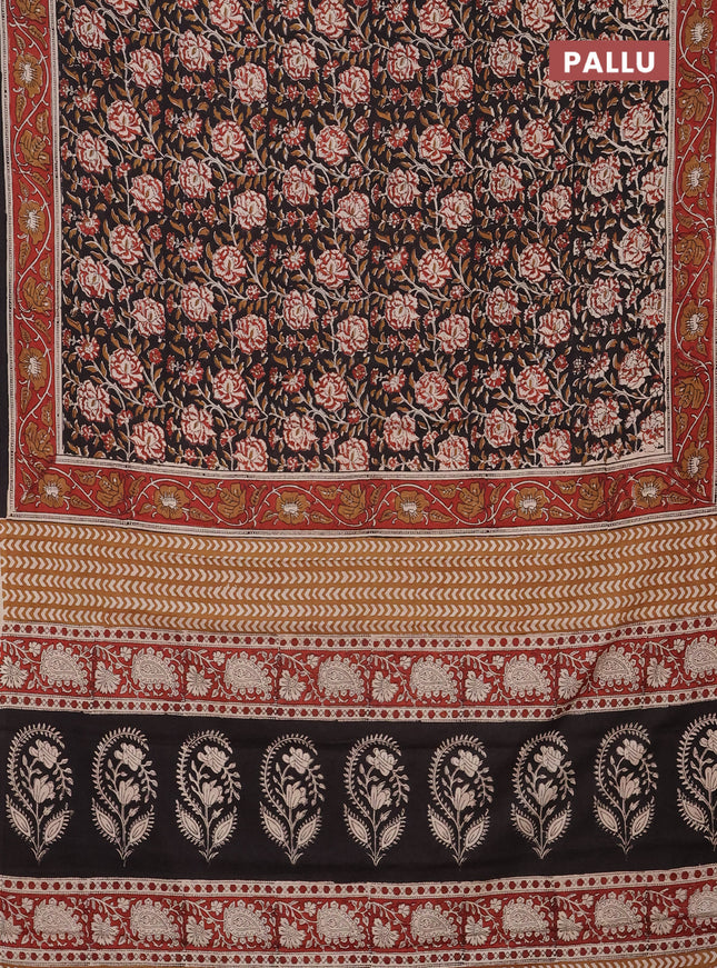 Jaipur cotton saree black and maroon with allover kalamkari prints and printed border