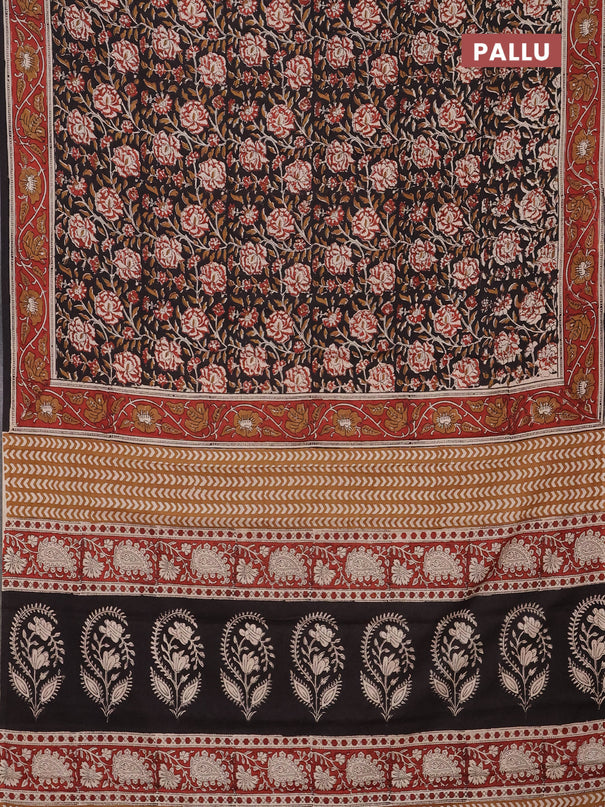 Jaipur cotton saree black and maroon with allover kalamkari prints and printed border