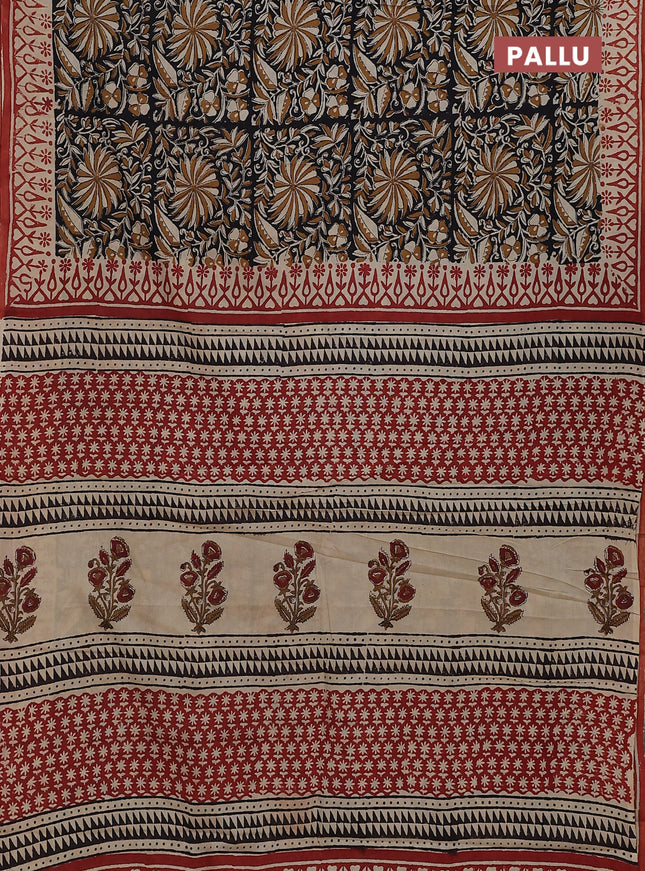 Jaipur cotton saree black and beige rust shade with allover kalamkari prints and printed border