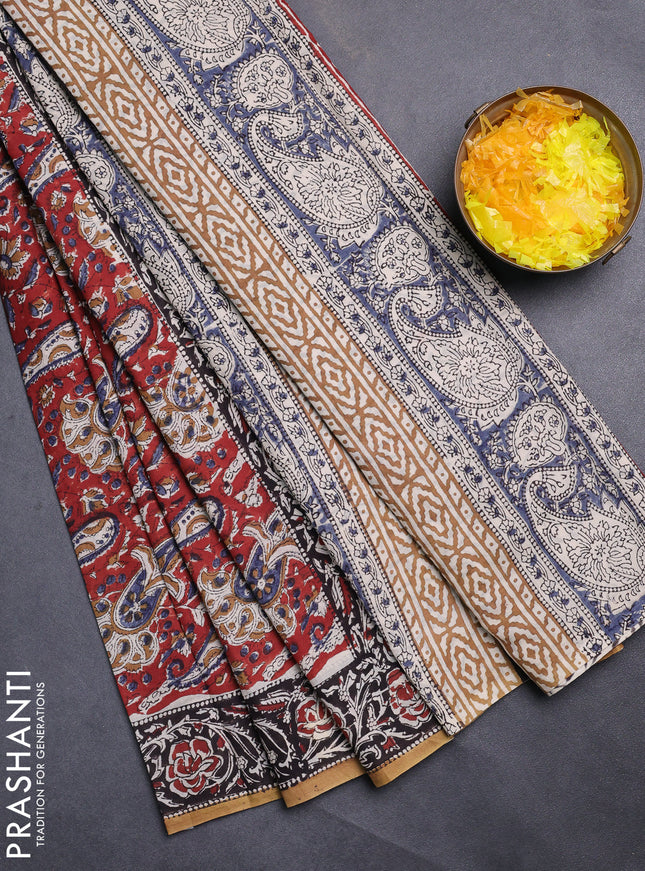 Jaipur cotton saree maroon and black with allover kalamkari prints and printed border
