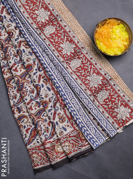 Jaipur cotton saree beige and maroon black with allover kalamkari prints and printed border