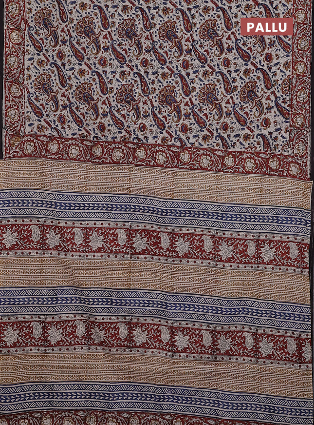 Jaipur cotton saree beige and maroon black with allover kalamkari prints and printed border
