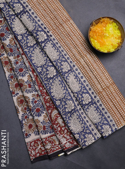Jaipur cotton saree beige and marron with allover kalamkari prints and printed border