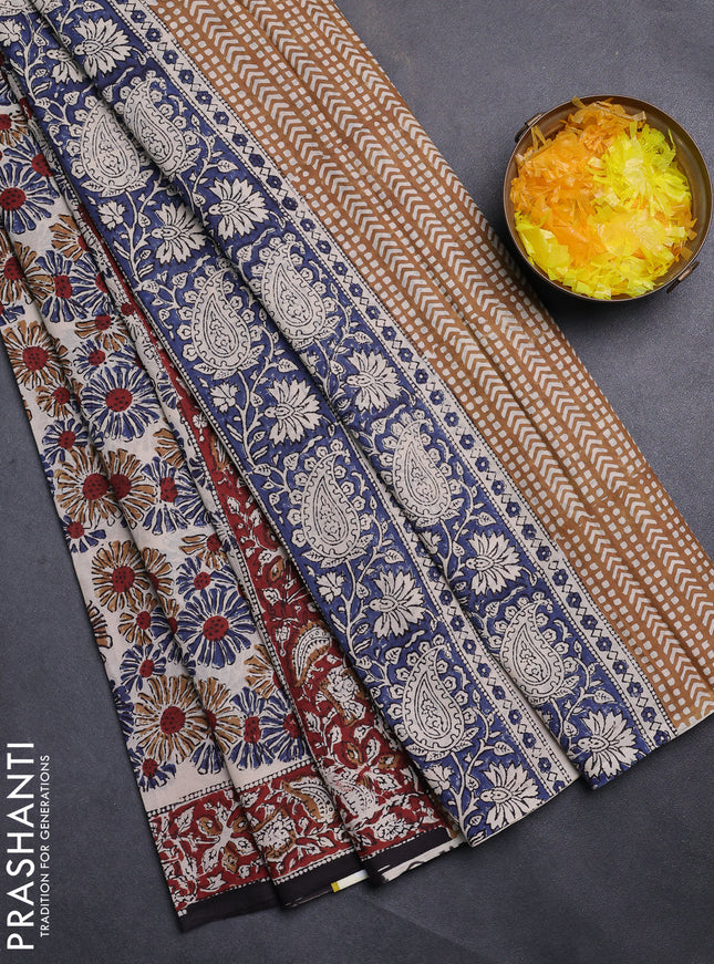 Jaipur cotton saree beige and marron with allover kalamkari prints and printed border