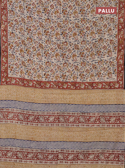 Jaipur cotton saree beige and maroon with allover kalamkari prints and printed border