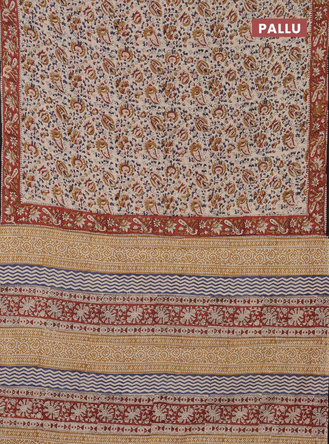 Jaipur cotton saree beige and maroon with allover kalamkari prints and printed border