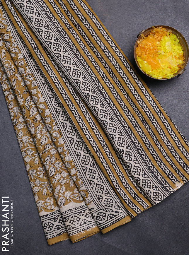 Jaipur cotton saree khaki shade and beige black with allover kalamkari prints and printed border