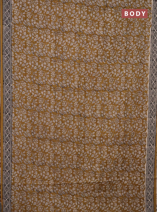 Jaipur cotton saree khaki shade and beige black with allover kalamkari prints and printed border