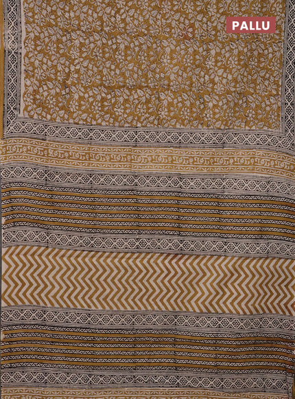 Jaipur cotton saree khaki shade and beige black with allover kalamkari prints and printed border
