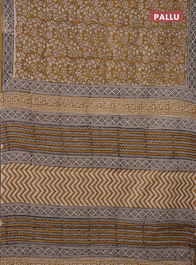 Jaipur cotton saree khaki shade and beige black with allover kalamkari prints and printed border