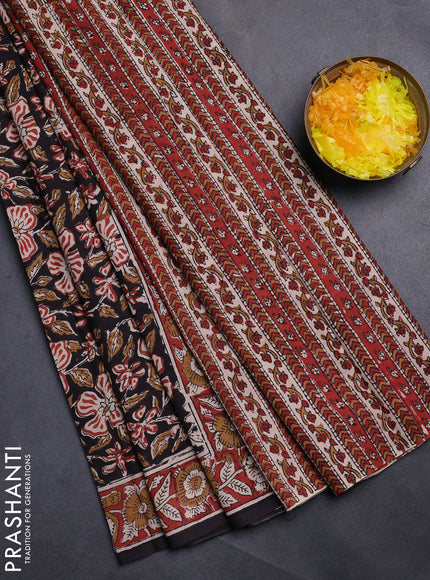 Jaipur cotton saree black and maroon with allover kalamkari prints and printed border