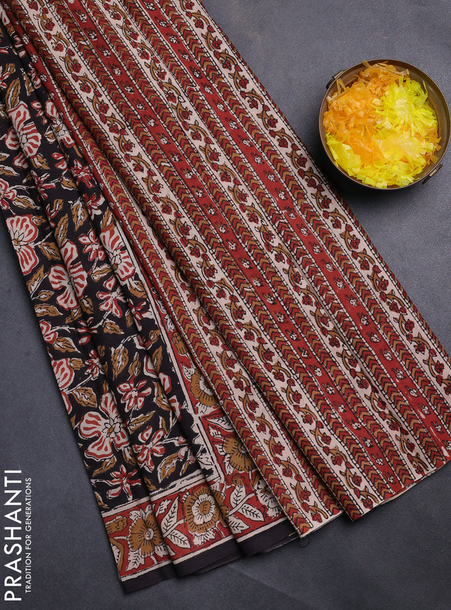 Jaipur cotton saree black and maroon with allover kalamkari prints and printed border