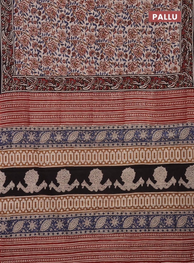 Jaipur cotton saree beige and black with allover kalamkari prints and printed border
