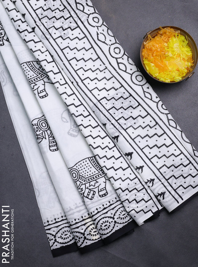 Jaipur cotton saree off white and black with elephant butta prints and printed border