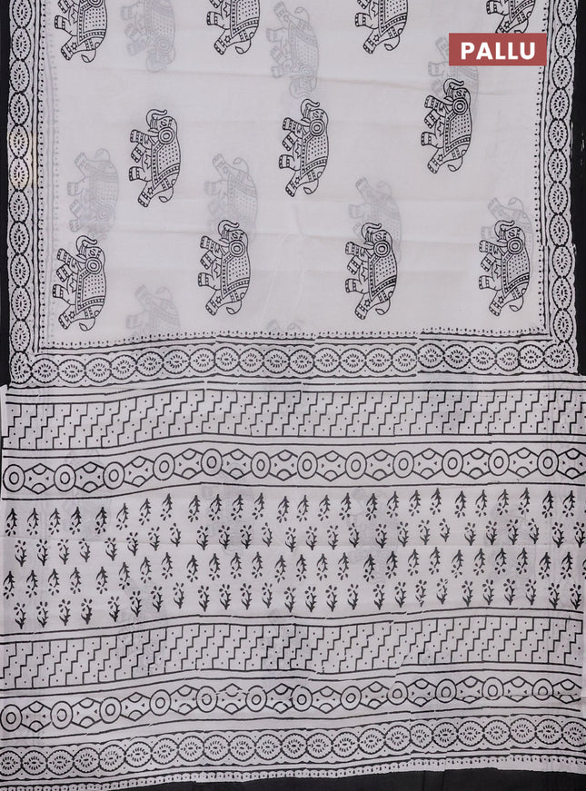 Jaipur cotton saree off white and black with elephant butta prints and printed border