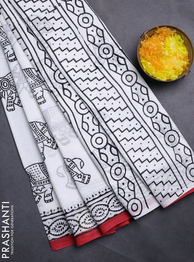 Jaipur cotton saree off white and maroon with elephant butta prints and printed border