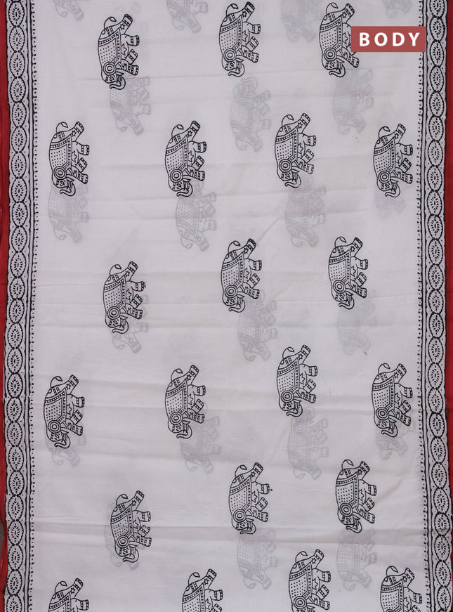 Jaipur cotton saree off white and maroon with elephant butta prints and printed border