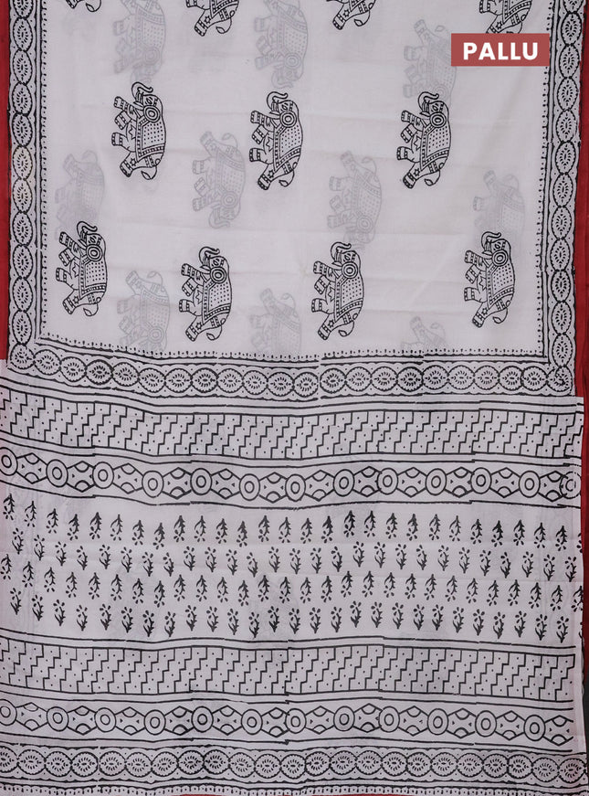 Jaipur cotton saree off white and maroon with elephant butta prints and printed border