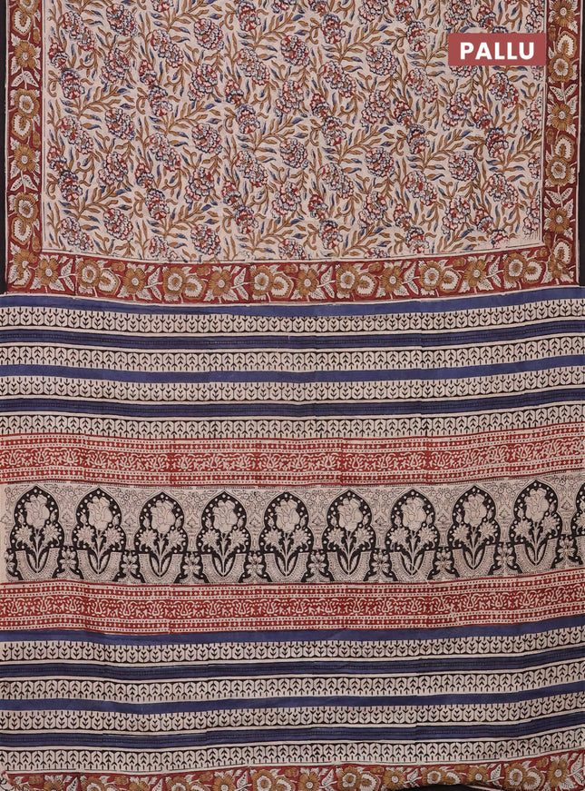 Jaipur cotton saree beige and maroon with allover kalamkari prints and printed border